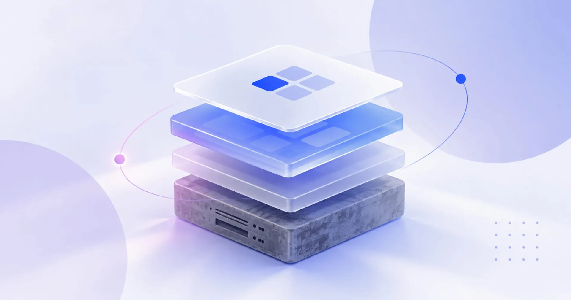 Abstract illustration of layered transparent squares floating above a textured base with an orbiting line and dots in a soft purple-blue color scheme.
