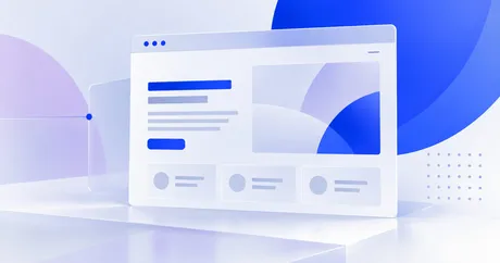 Stylized illustration of a web browser interface with abstract blue and purple shapes in the background.