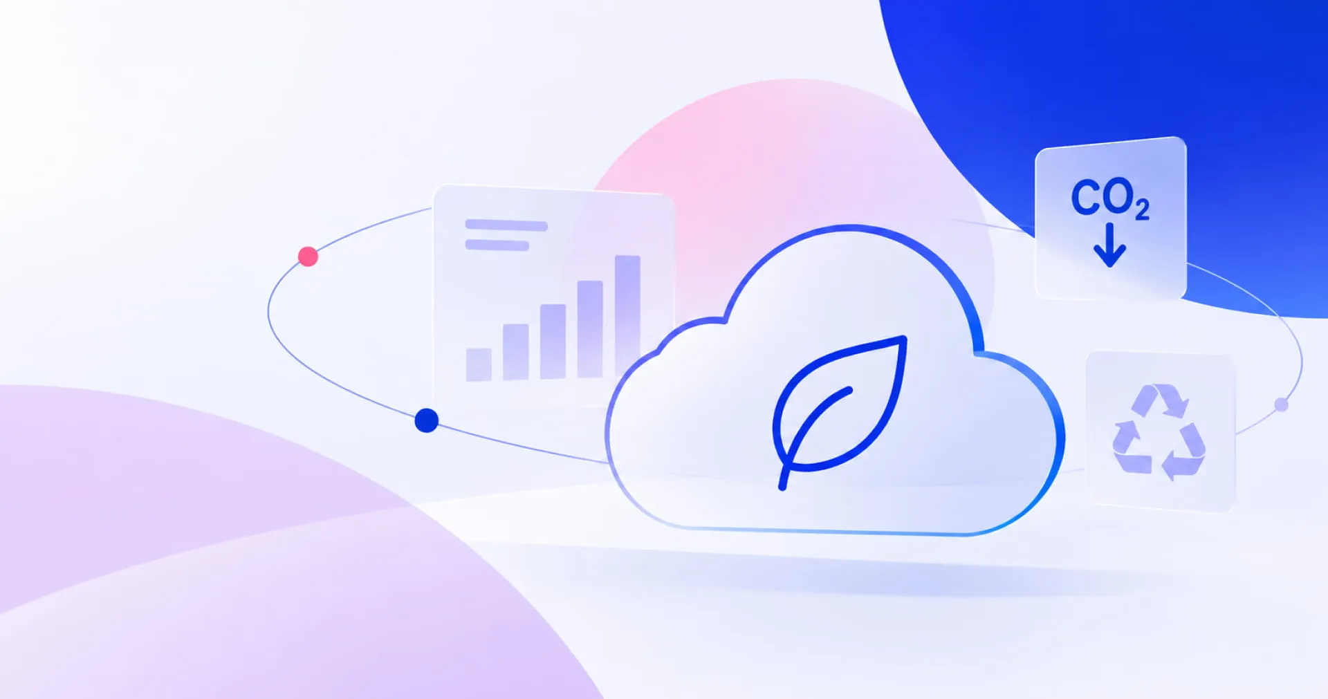 Illustration of a cloud with a leaf, charts, CO2 reduction, and recycling symbols, emphasizing sustainability and eco-friendly technology.