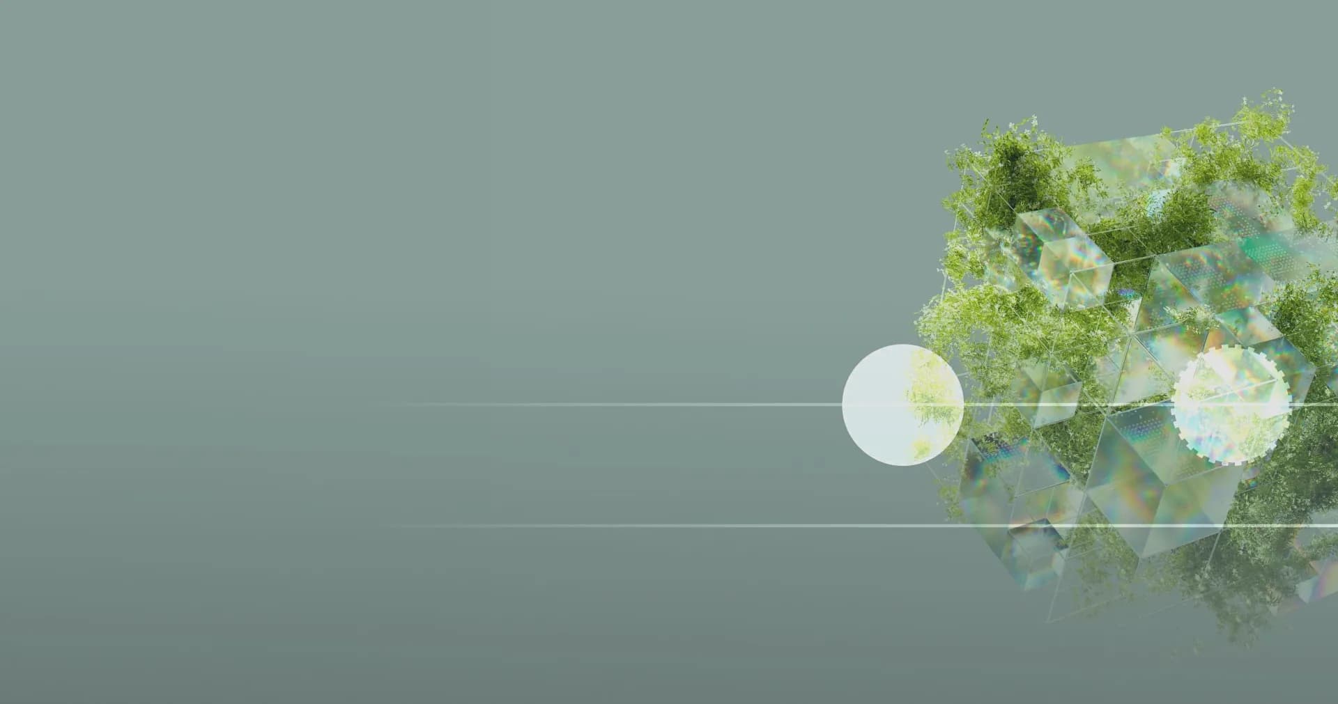 Abstrakte Darstellung von grünen Pflanzenstrukturen, kombiniert mit schimmernden geometrischen Formen auf graugrünem Hintergrund.