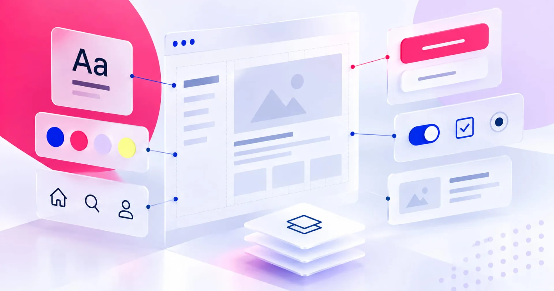 Abstract illustration of a web design interface with typography, color options, icons, buttons, and layered elements, depicting a digital layout concept.
