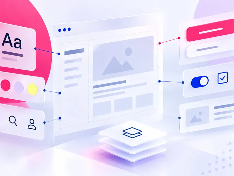 Abstract illustration of a web design interface with typography, color options, icons, buttons, and layered elements, depicting a digital layout concept.