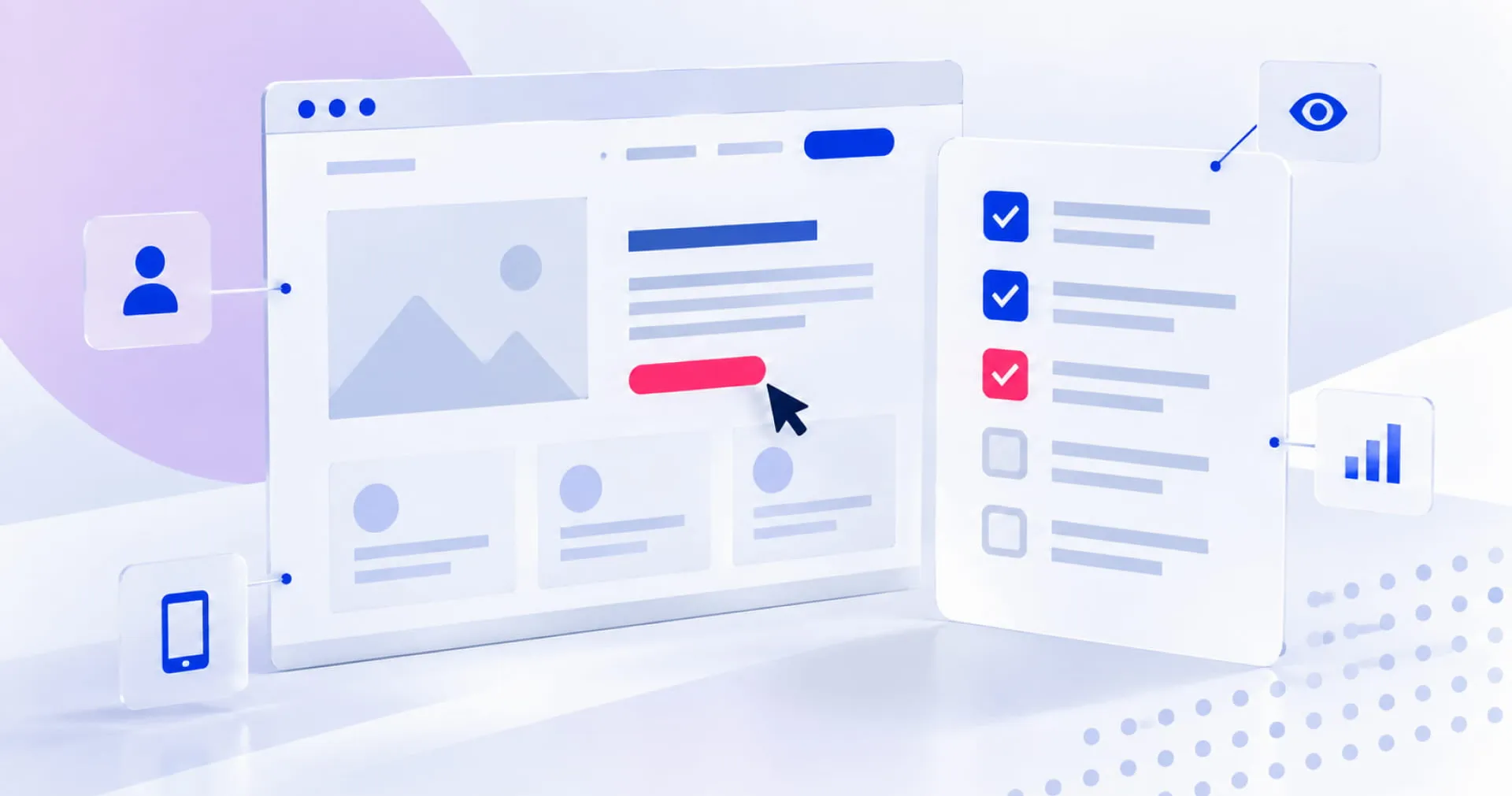 Illustration of a digital interface with user icons, checklists, and a cursor hovering over a button, symbolizing web design and analytics.