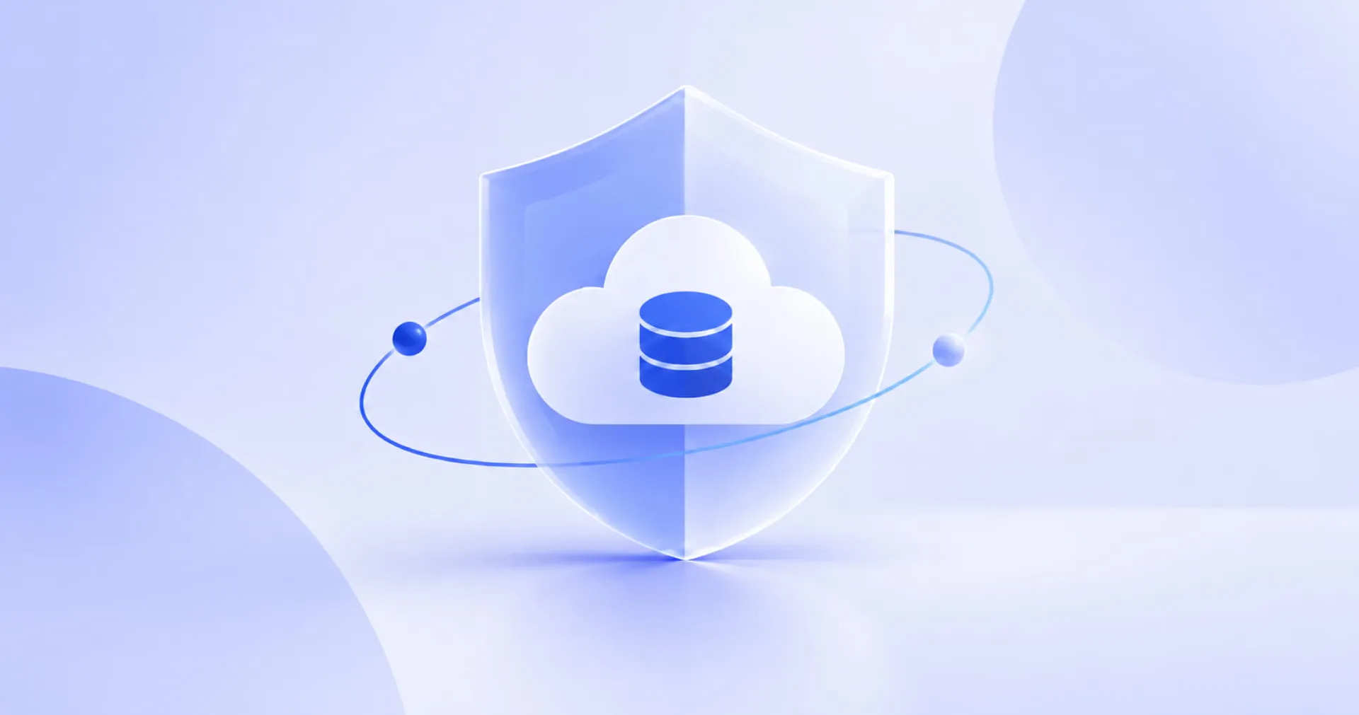 A digital illustration of a shield with a cloud and database icon, surrounded by an orbit symbolizing cybersecurity and data protection.