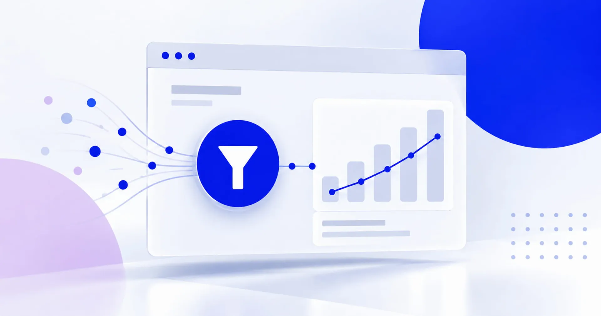 Abstract illustration of data processing, featuring a funnel icon connected to a rising bar graph, symbolizing data filtering and analysis.