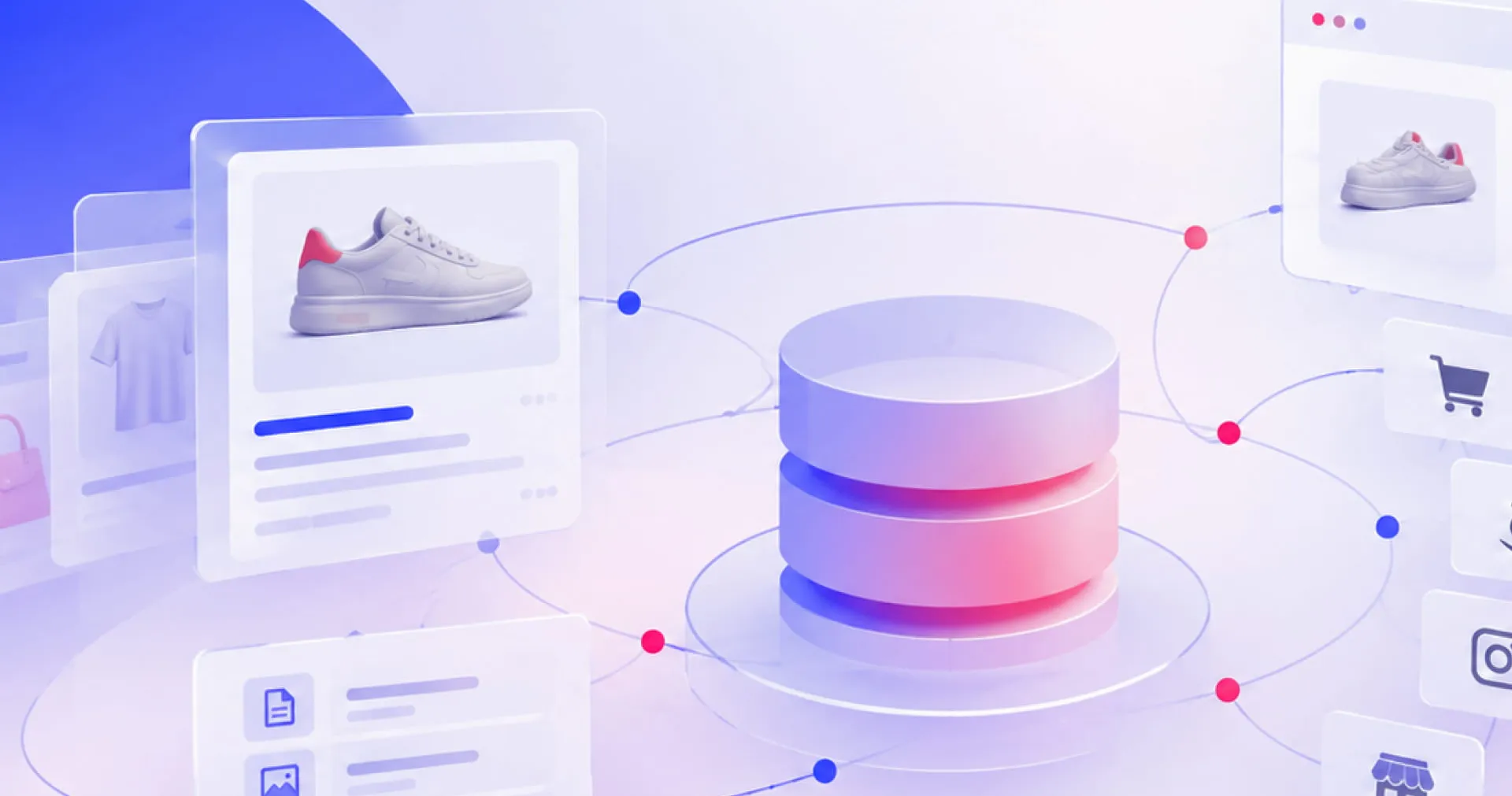 Abstract illustration with a shoe and shopping elements connected by lines in a soft blue and pink color scheme.