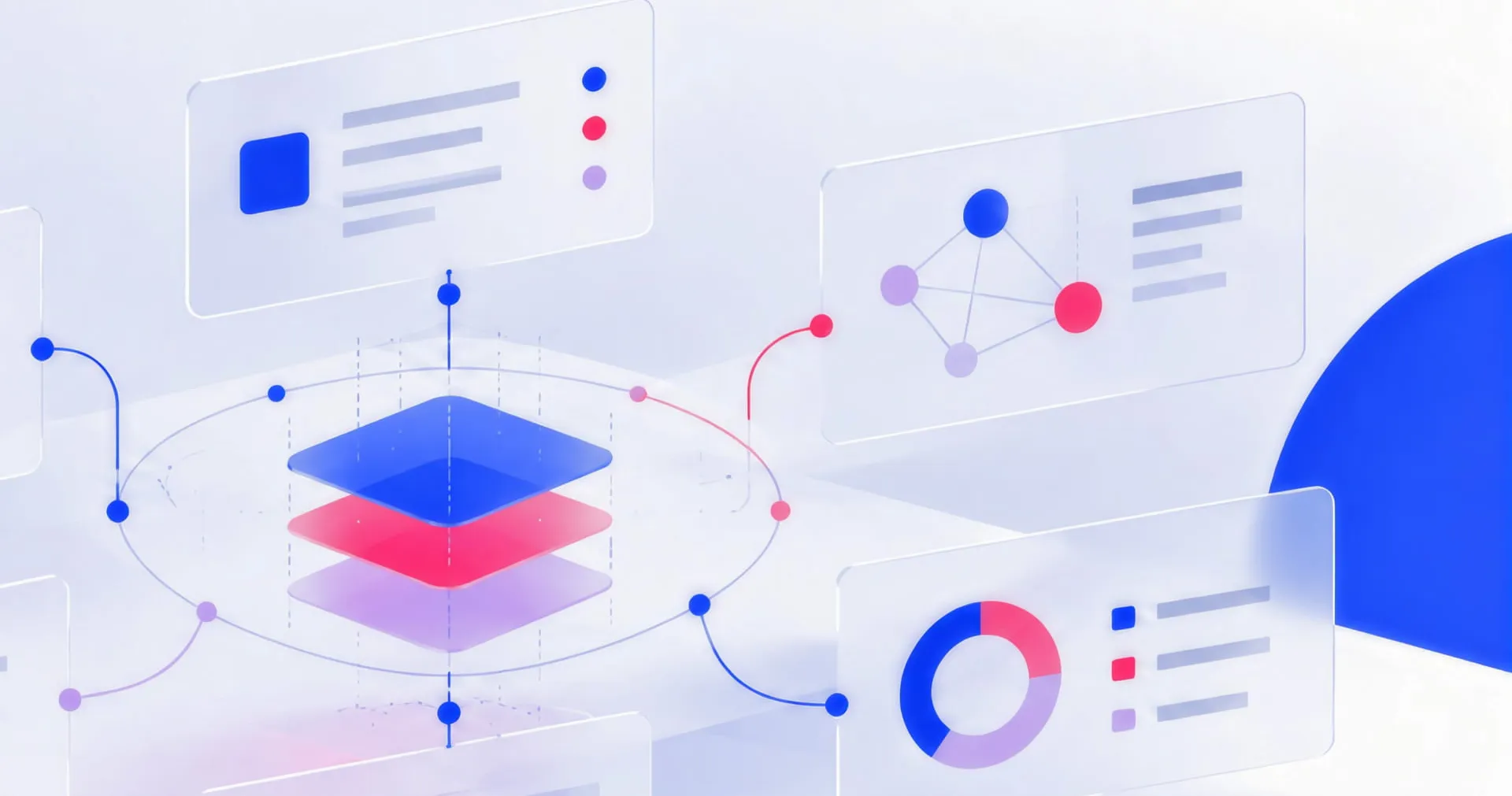 Illustration of abstract charts and diagrams with blue and red elements, connected by lines, representing data visualization and analysis.