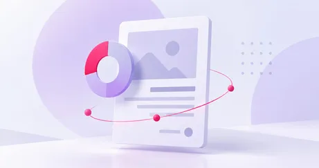 Abstract 3D illustration of a document with a pie chart and orbiting spheres, set against a purple-toned background.