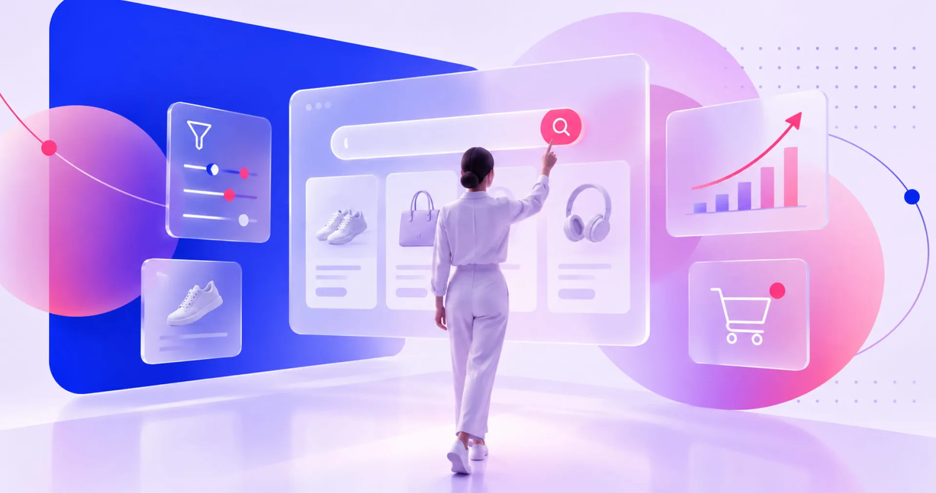 A person interacts with a virtual online shopping interface with icons for filters, products, a search bar, charts, and a shopping cart on a colorful background.