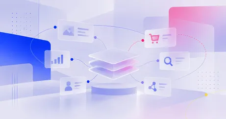 Abstract illustration of a layered platform with translucent icons representing analytics, search, shopping cart, and user profiles connected by lines.