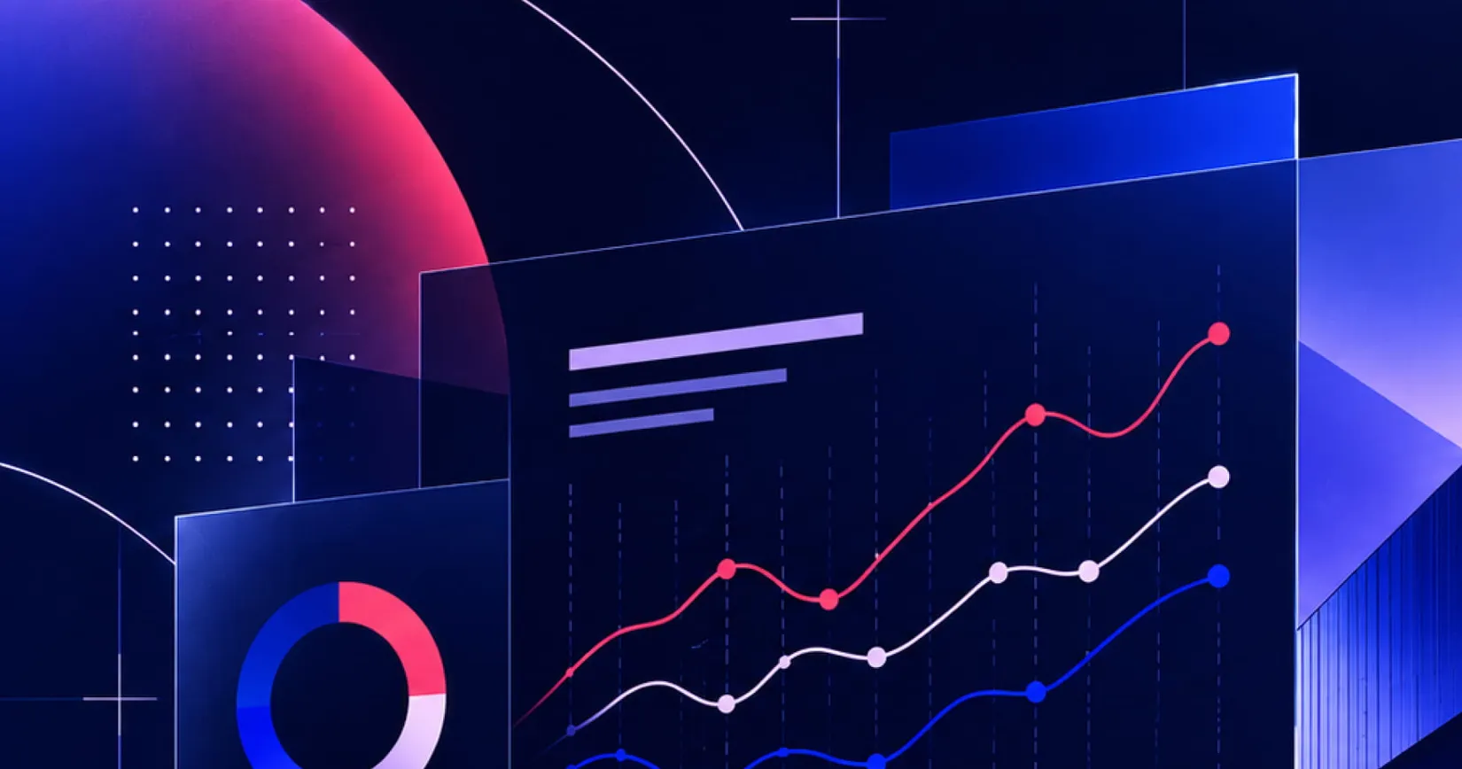 Abstract digital art showing vibrant graphs and pie chart in shades of blue, red, and purple, with geometric shapes in the background.
