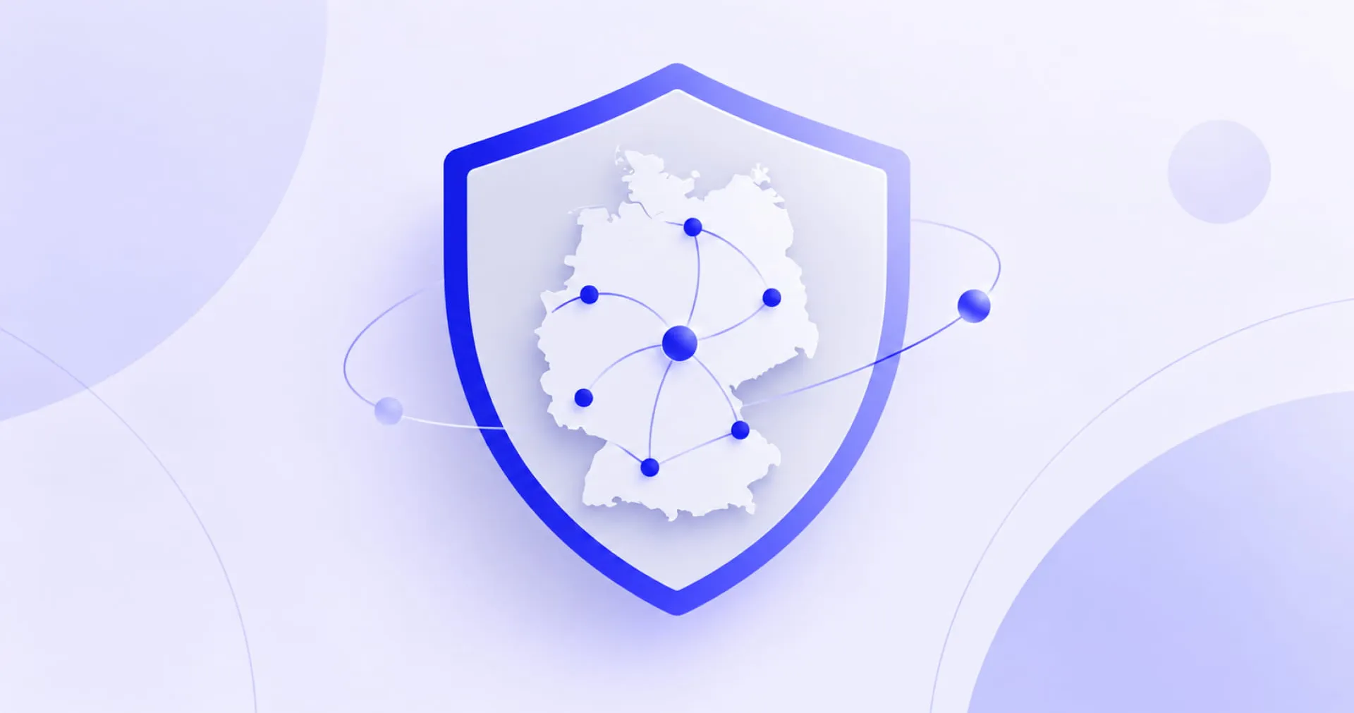 A stylized shield shape featuring a map of Germany, connected by blue nodes and lines, symbolizing network security or connectivity.