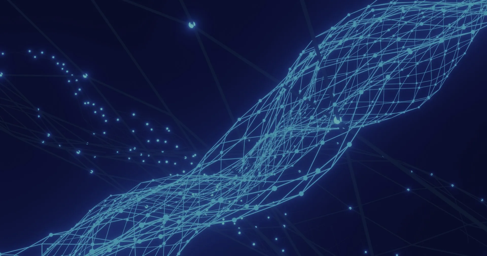 Dynamische Darstellung eines digitalen Netzwerks mit leuchtenden Knotenpunkten und Verbindungslinien auf dunklem Hintergrund.
