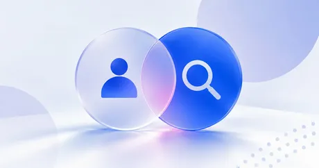 Two overlapping translucent circles, one with a person icon and the other with a magnifying glass icon, on a soft gradient background.