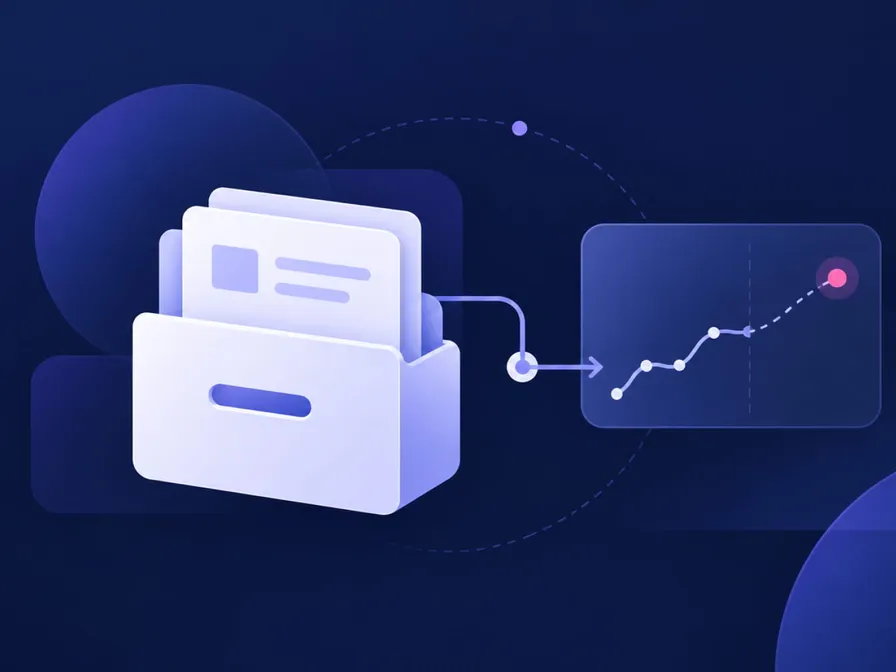 An illustration of a folder with papers connected to a graph showing an upward trend, set against a blue background with abstract shapes.