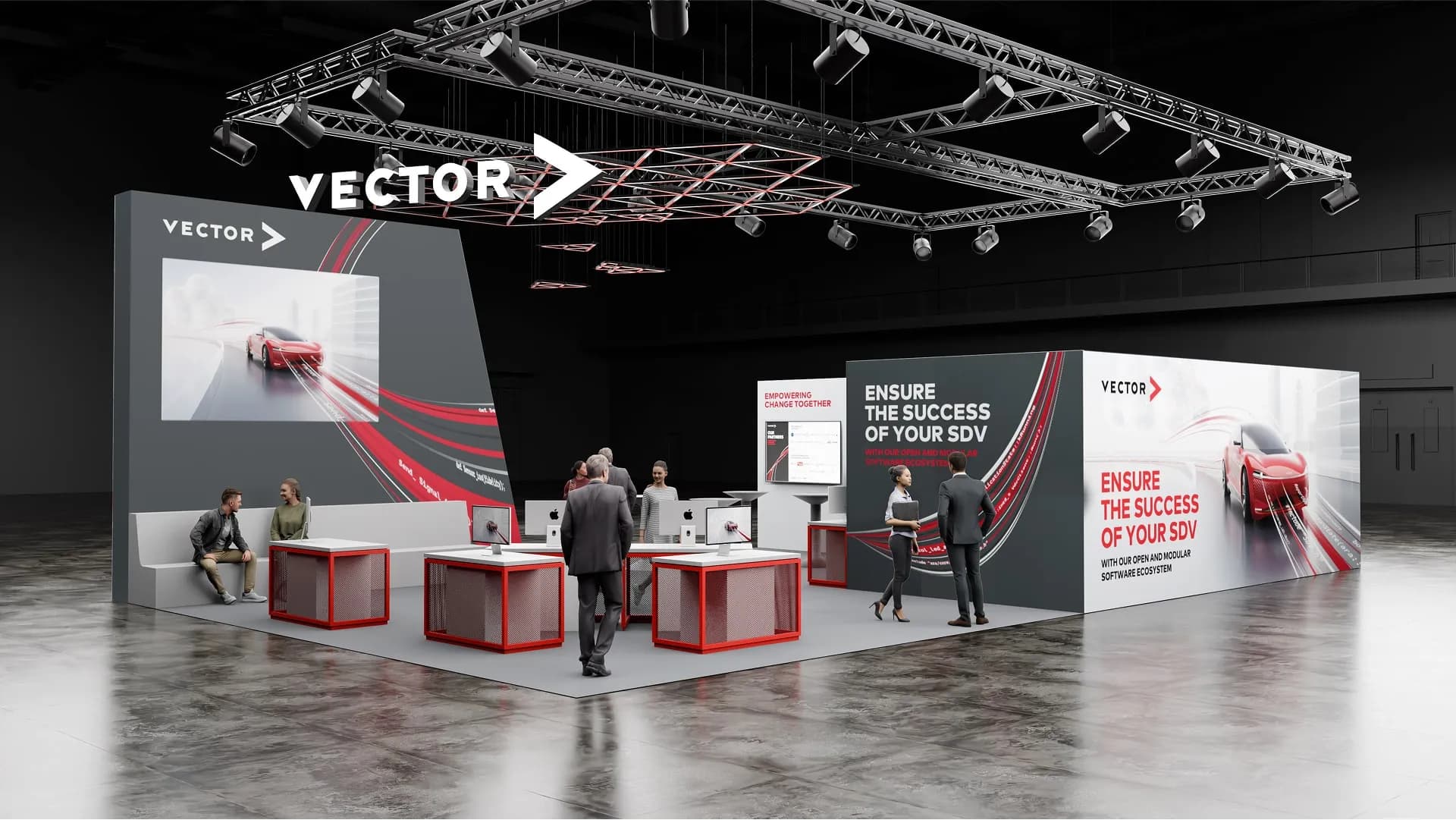Gesamtszene eines großzügigen Messestands mit rotem Farbakzent, LED-Deckenkonstruktion, mehreren Tischen und Besuchergruppen.