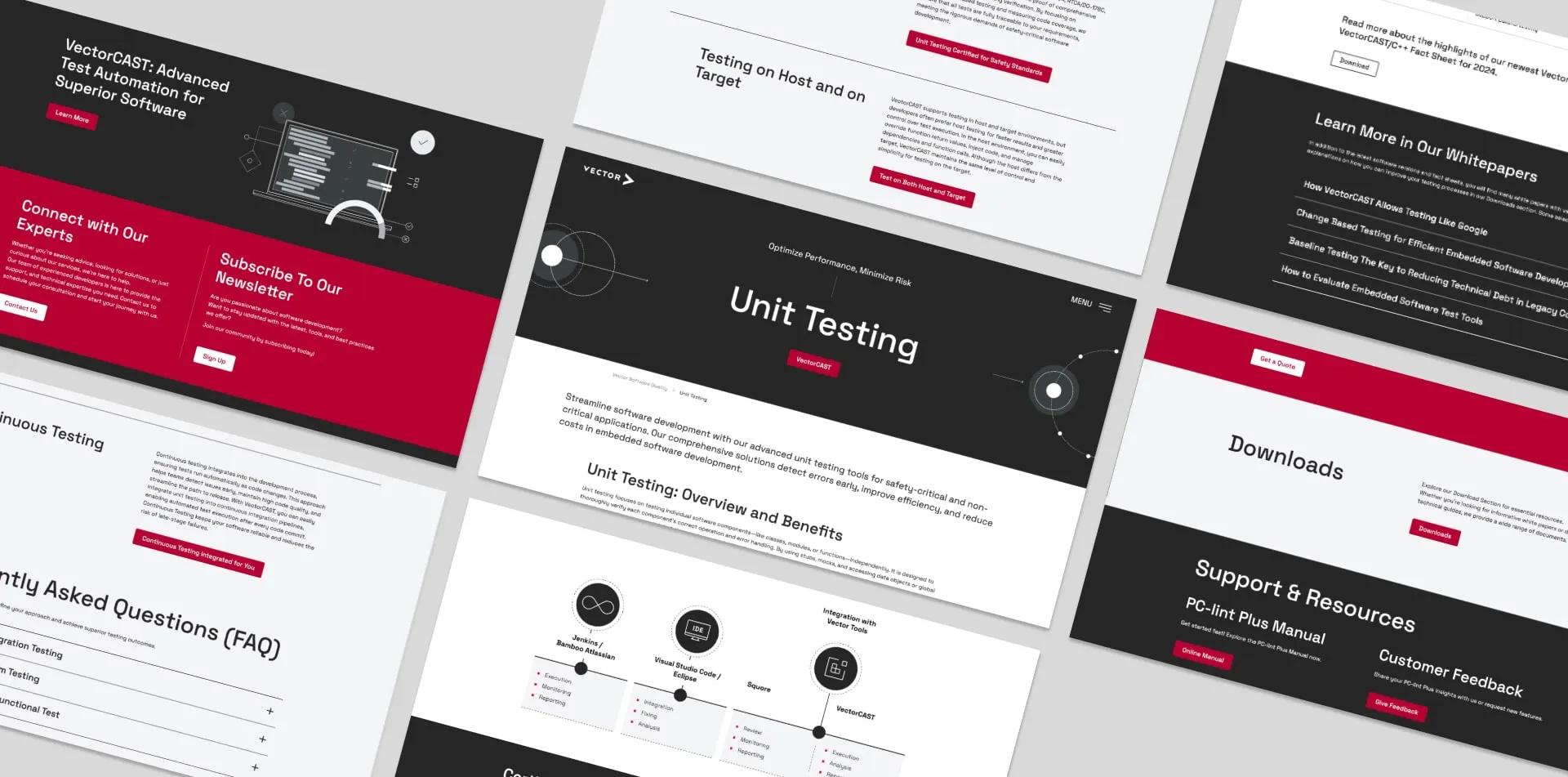 Übersicht mehrerer Webseiten-Screenshots zur Software-Qualität mit Fokus auf Unit Testing, Ressourcen und Continuous Testing.