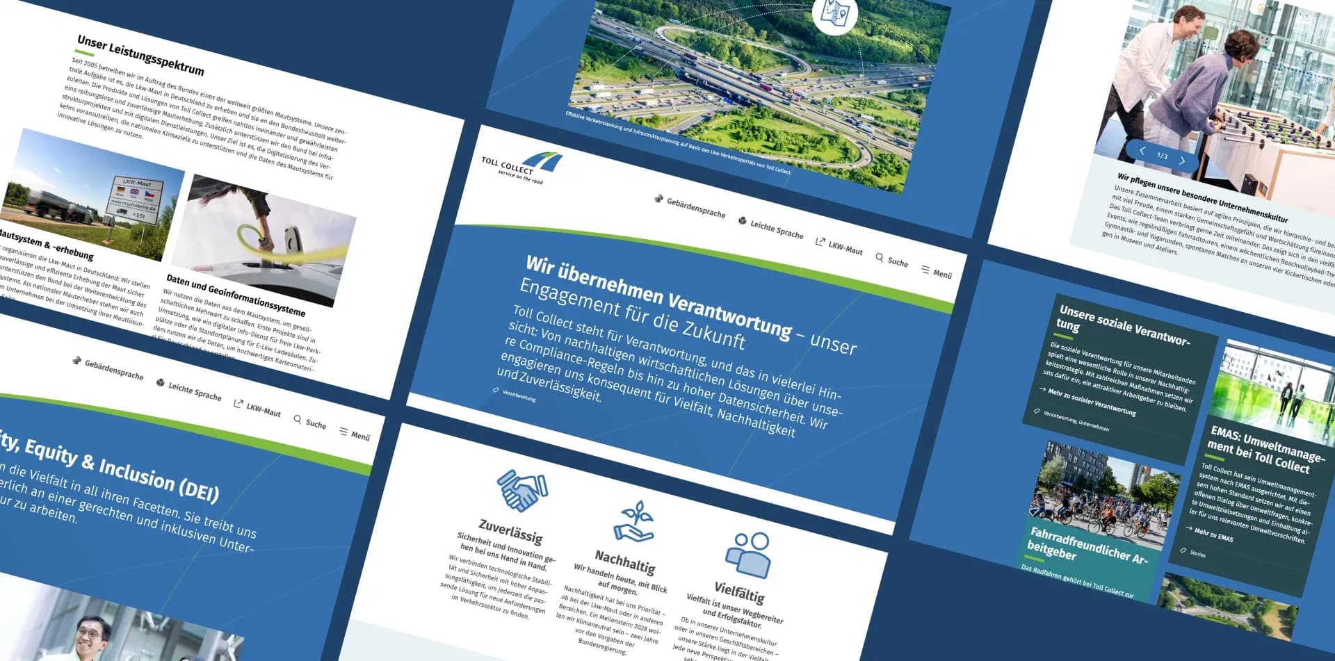 Collage aus Webseitenelementen der Toll Collect Plattform mit Fokus auf Corporate Design, Serviceportal, Stellenangebote und Kundenportal.