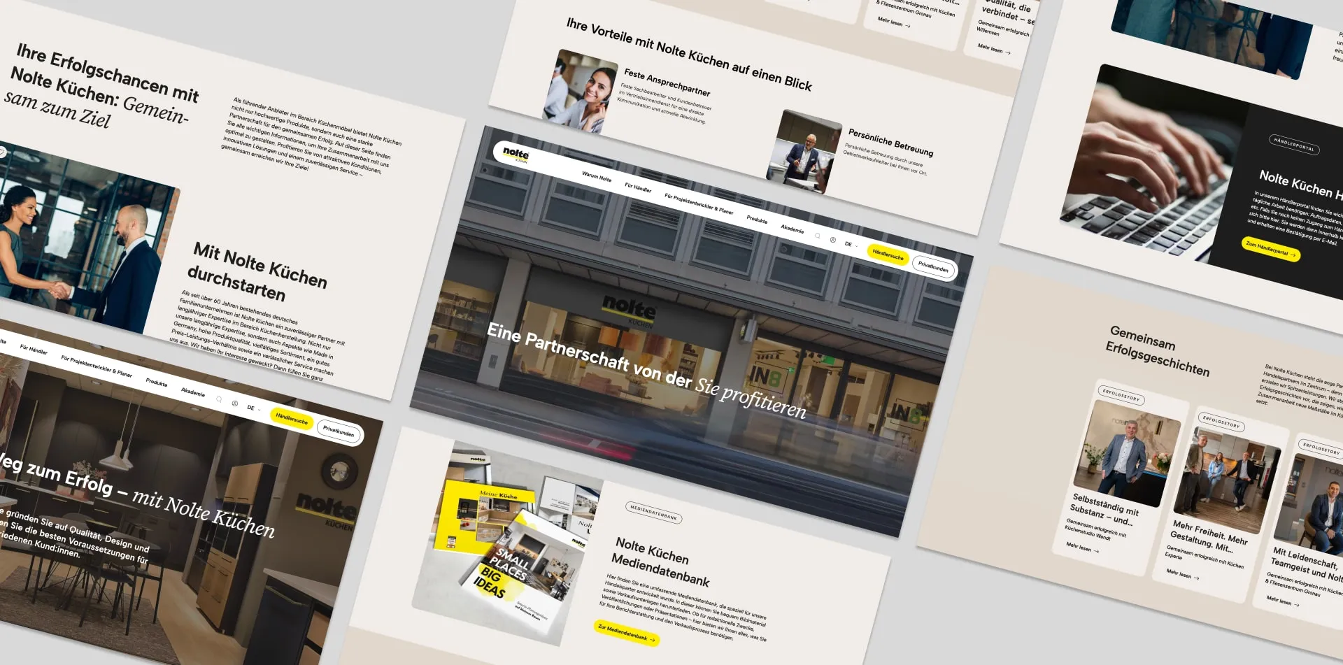 Website-Layouts mit Geschäftskundenschwerpunkt und Texten zu Partnerschaft, Vorteilen und Erfolgsmodellen im Küchenhandel.
