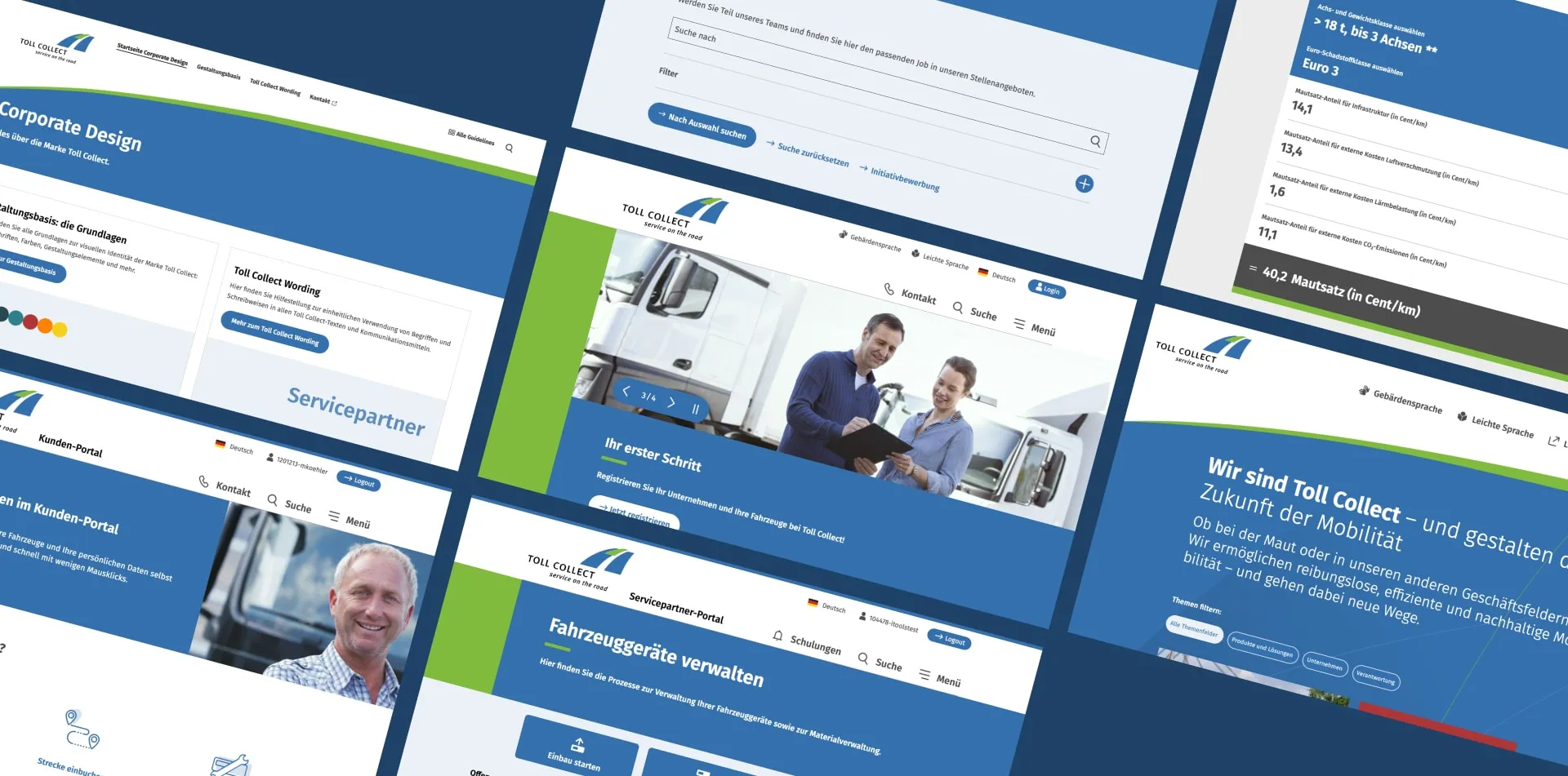 Collage aus Webseitenelementen von Toll Collect, zeigt Inhalte zu Nachhaltigkeit, Unternehmensverantwortung und Mautsystemen im digitalen Unternehmensauftritt.