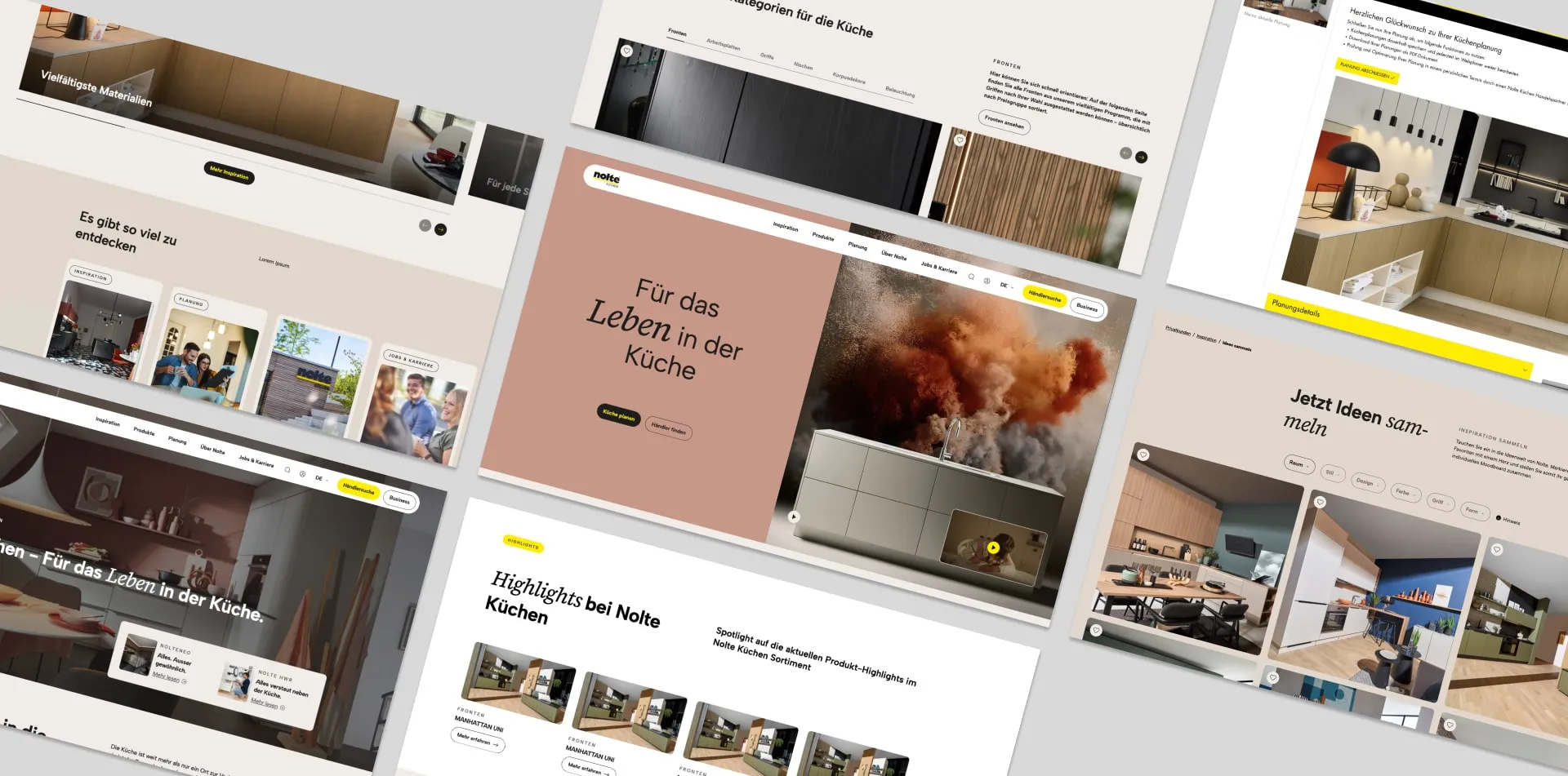 Mehrere Website-Screenshots zeigen digitale Inhalte zur Küchenplanung und Küchenausstellung für Endkund:innen.