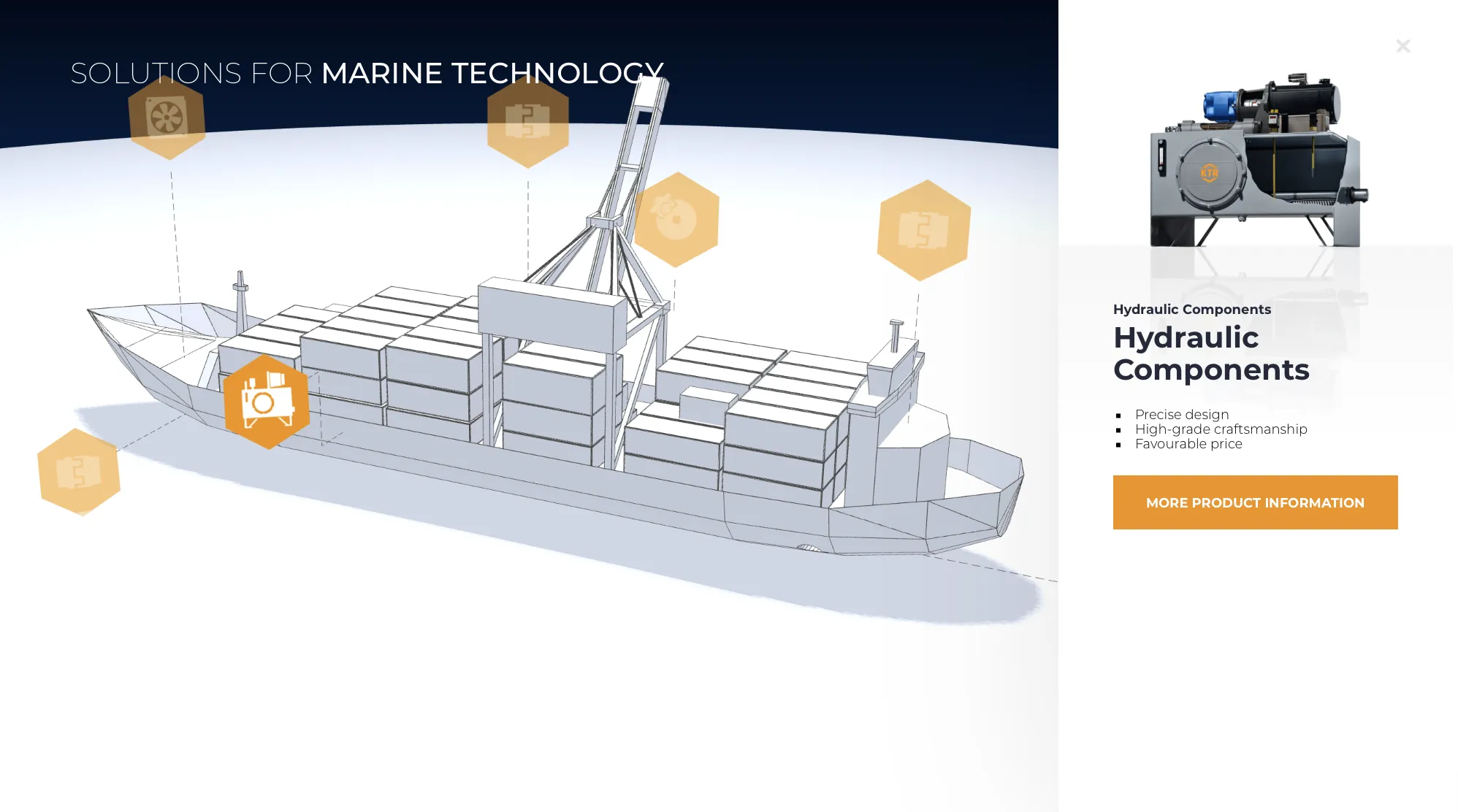 Screenshot einer Seite zu Marine Technology mit einem gezeichneten Frachtschiff und hydraulischen Komponenten