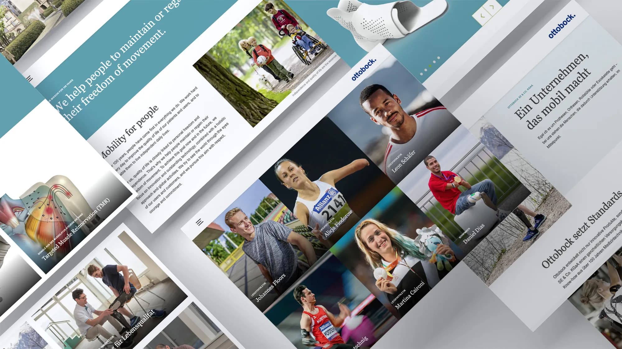Collage aus Seiten der Ottobock-Website mit Personen in Bewegung und Produktbildern