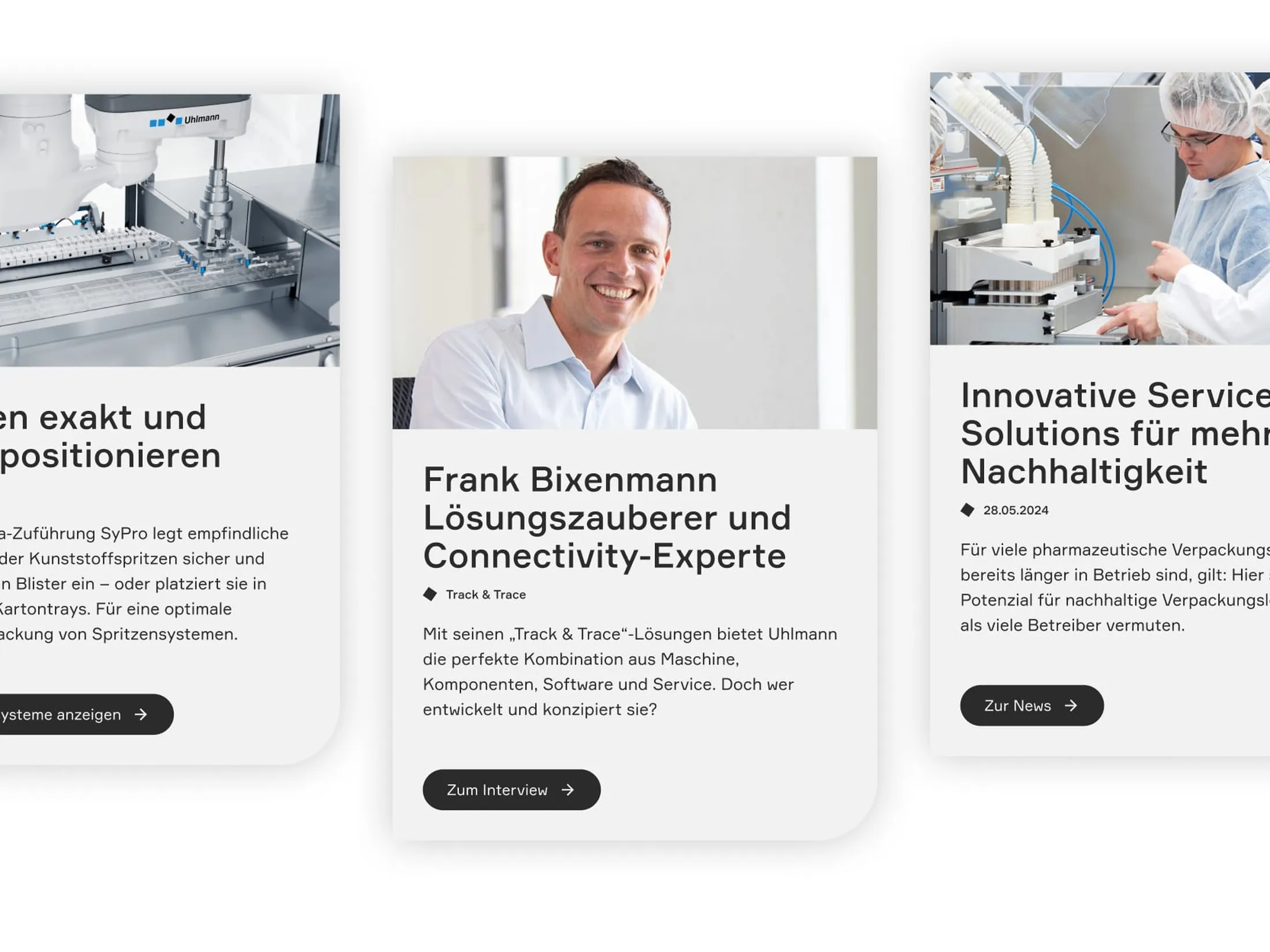 Bildschirmausschnitt mit Karten zu Produkten und einem Interview zu Track-and-Trace-Lösungen