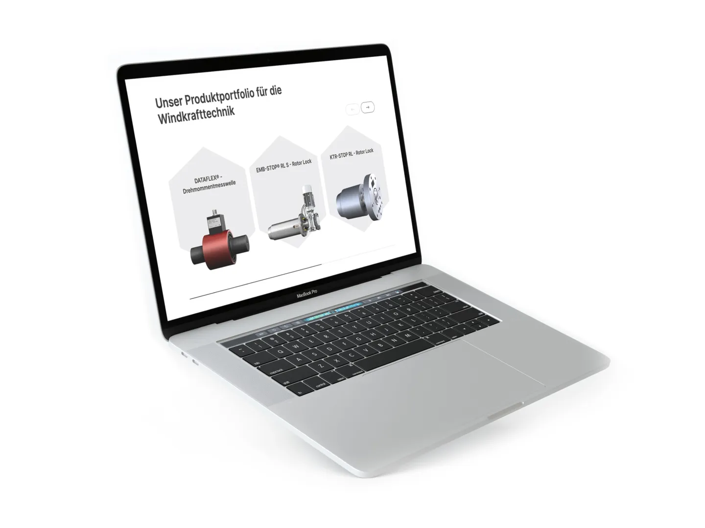 Laptop zeigt das KTR-Produktportfolio für die Windkrafttechnik