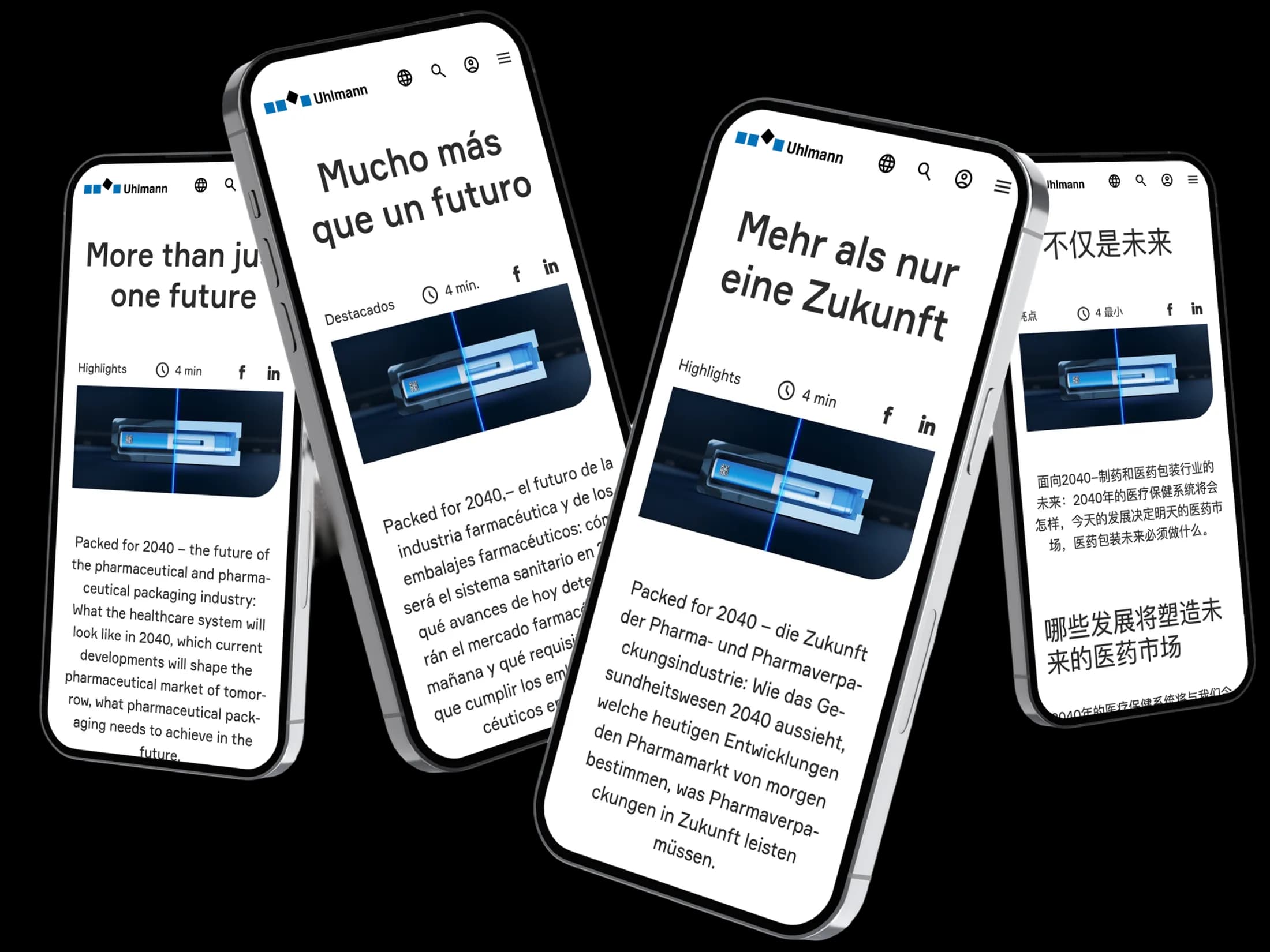 Mehrere Smartphones zeigen dieselbe Webseite in verschiedenen Sprachen
