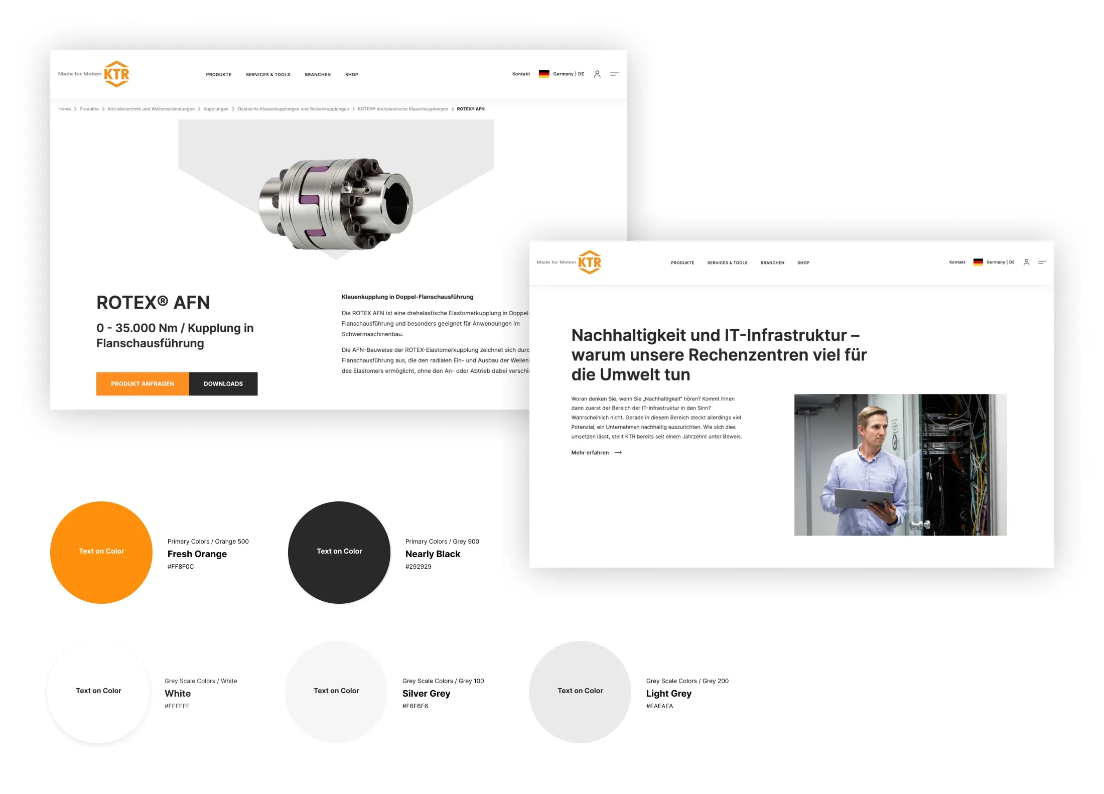 Screenshot der KTR-Produktseite ROTEX AFN und eines Beitrags zu Nachhaltigkeit in Rechenzentren, darunter die Farbpalette der Website