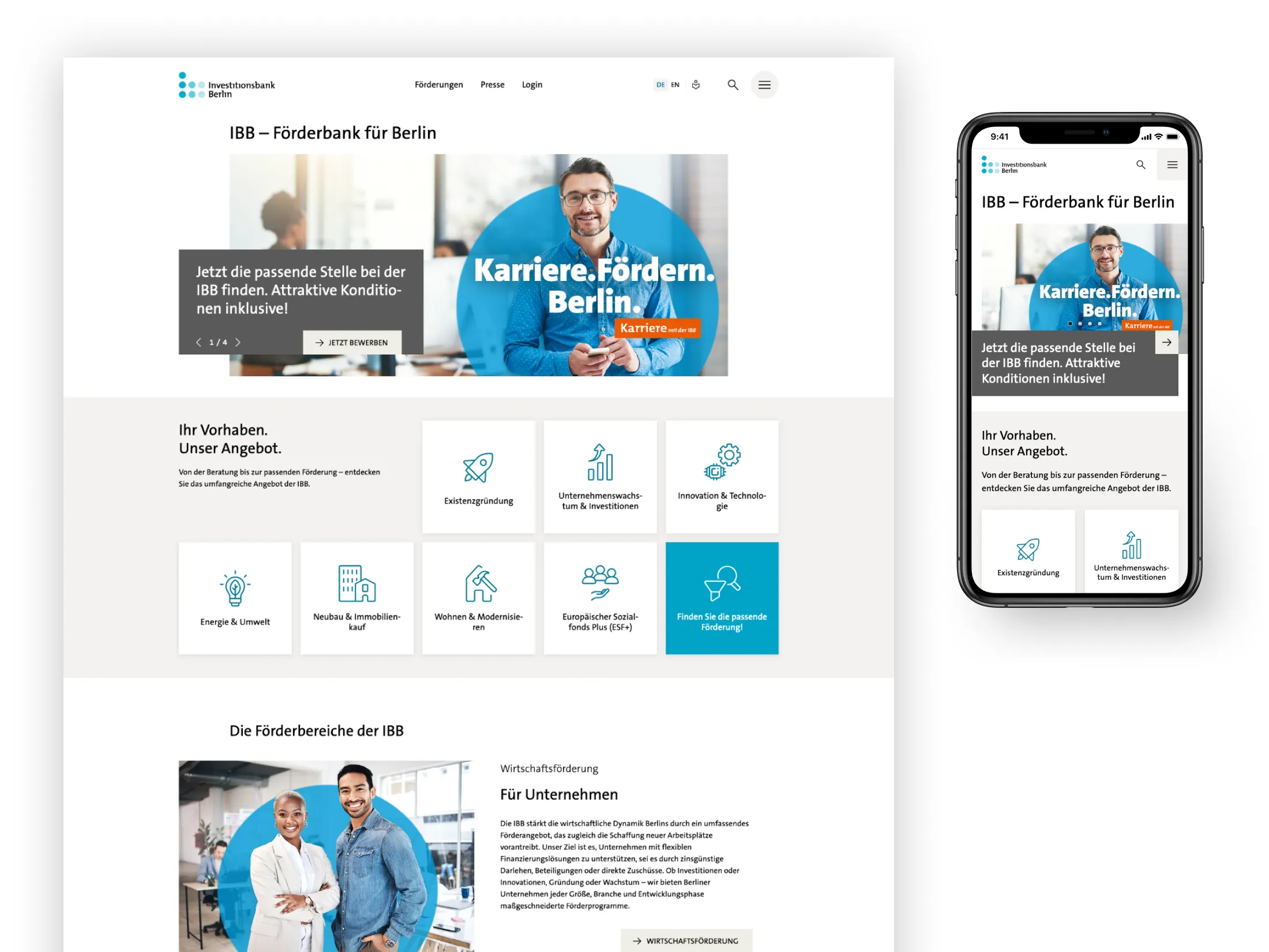 Bild der IBB-Startseite in der Desktop und mobilen Version