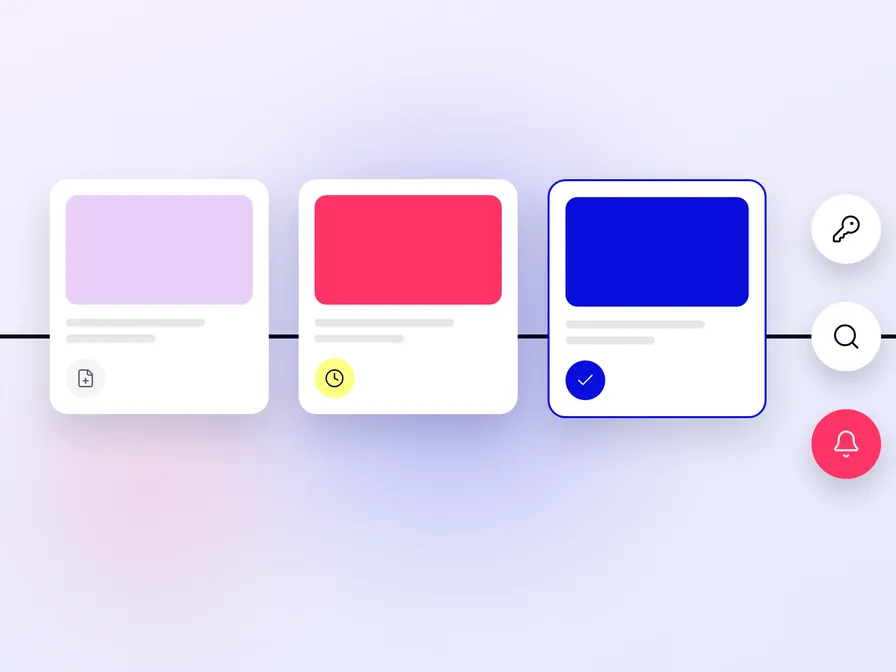 Minimal UI with three colorful cards on a horizontal line and circular key, search, and notification icons to the right.