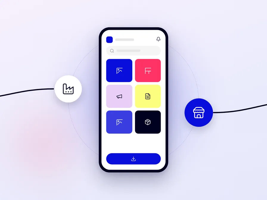 Illustration of a smartphone app with colorful square icons, linking a factory icon on the left to a store icon on the right.