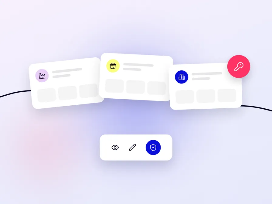 Abstract UI cards with colorful icons floating above a pastel background, linked by a line and a central control bar with view, edit, and shield icons.