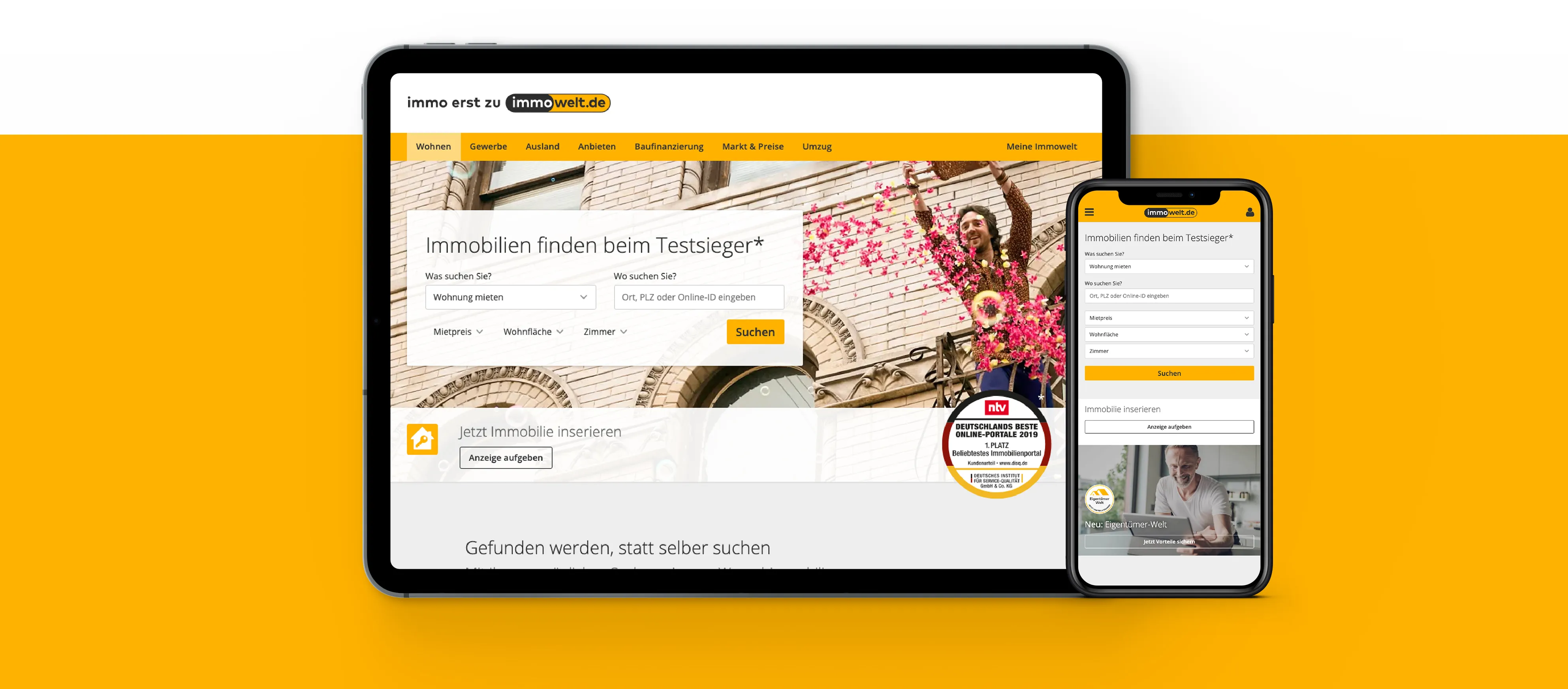 Ausschnitt der emotional ansprechenden Startseite von immowelt mit optimierter Suche