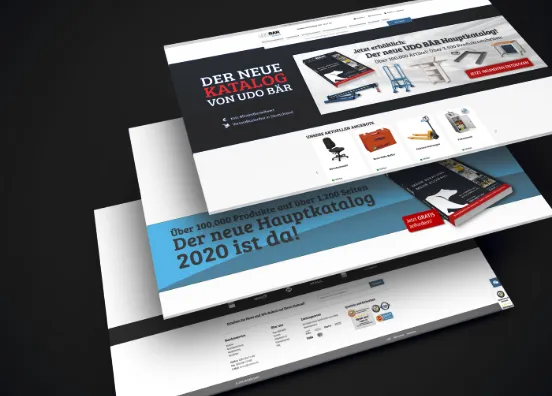 Seitenansichten des UDOBÄR-Shops mit der Ankündigung des Hauptkatalogs 2020
