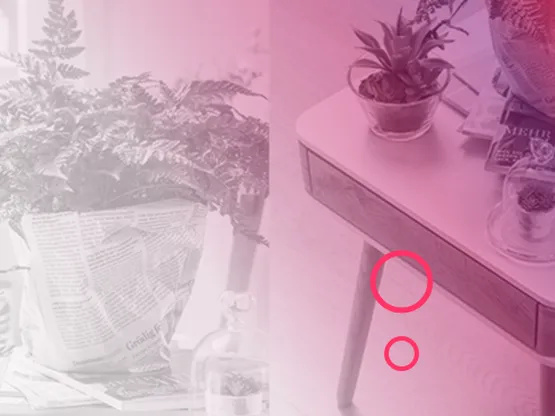 Beistelltisch mit Pflanzen, überlagert von rosa Farbverlauf und grafischen Elementen