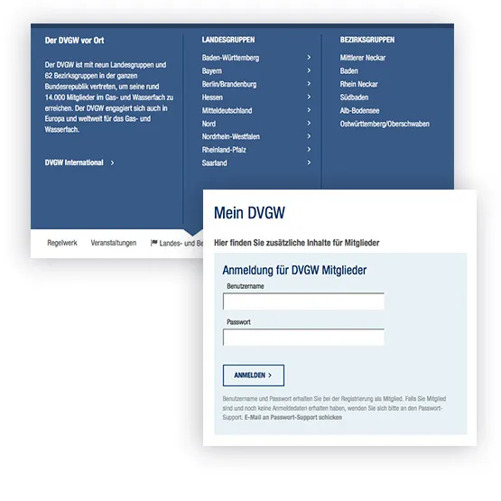 Das Bild zeigt den Mitgliederbereich auf der DVGW-Website