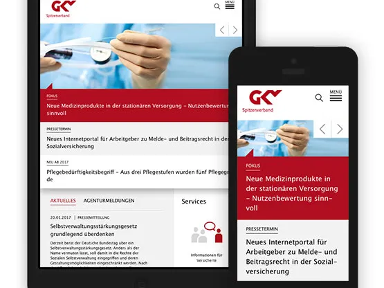 Das Bild zeigt die GKV-SV Corporate Website auf dem Tablet und Smartphone.