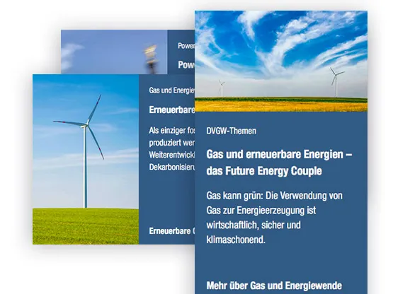 Das Bild zeigt Teaser zu den verschiedenen Fachinhalten der neuen Website des DVGW.