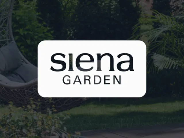 Logo for Siena Garden, overlaid on an outdoor scene with a hanging chair and lush greenery.