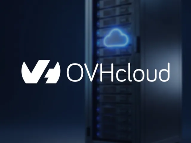 OVHcloud logo in front of a server rack with a glowing cloud icon, set against a dark background.