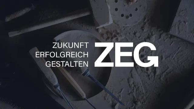 Text reading "Zukunft Erfolgreich Gestalten ZEG" over woodworking tools and sawdust.