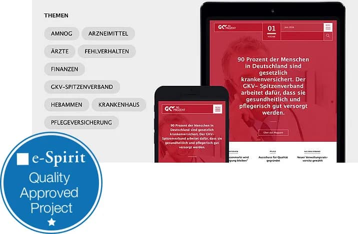e-Spirit Quality Approved Projekt Siegel und GKV-SV Website auf Table