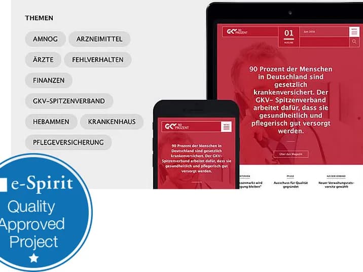 e-Spirit Quality Approved Projekt Siegel und GKV-SV Website auf Table
