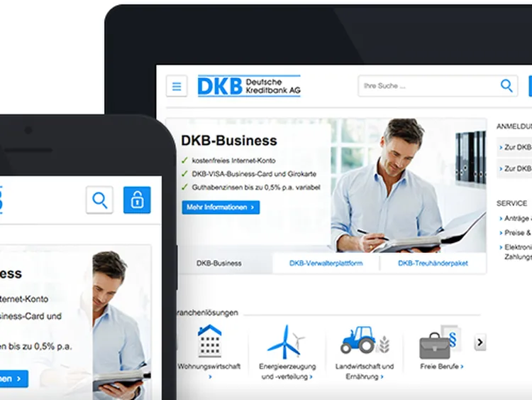 Ausschnitt der DKB-Website auf einem Smartphone und Tablet