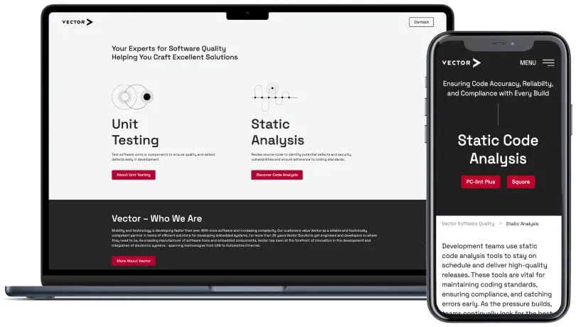 Laptop und Smartphone zeigen die Vector-Seiten zu Unit Testing und Static Code Analysis