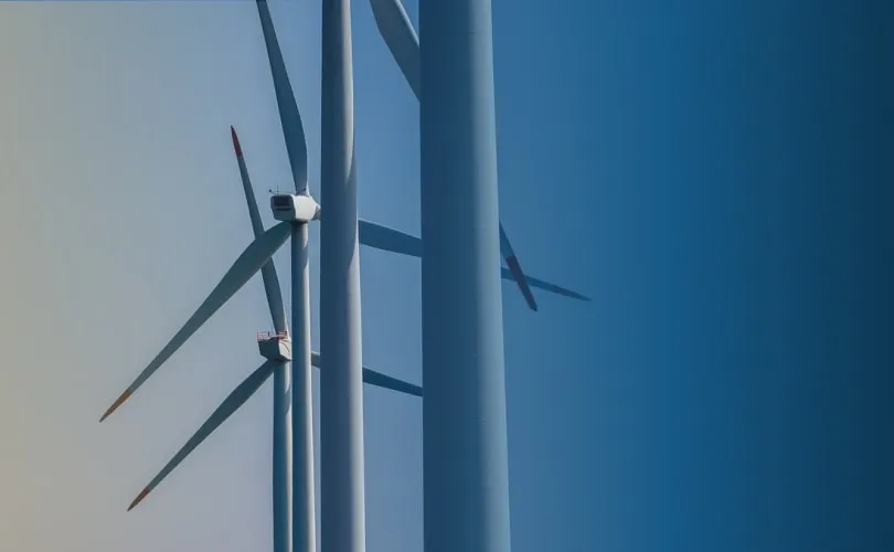 Mehrere Windkraftanlagen mit rotierenden Rotorblättern vor einem farblich abgestuften Himmel, symbolisierend erneuerbare Energien.