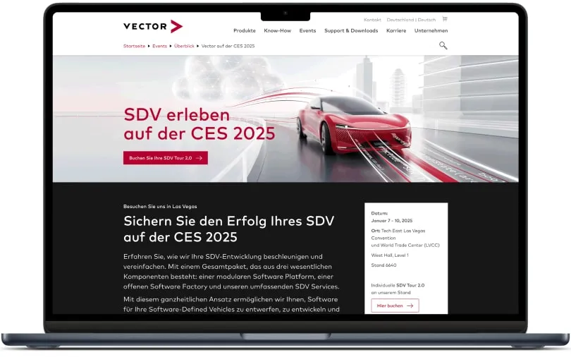 Laptop zeigt die Vector-Landingpage „SDV erleben auf der CES 2025“